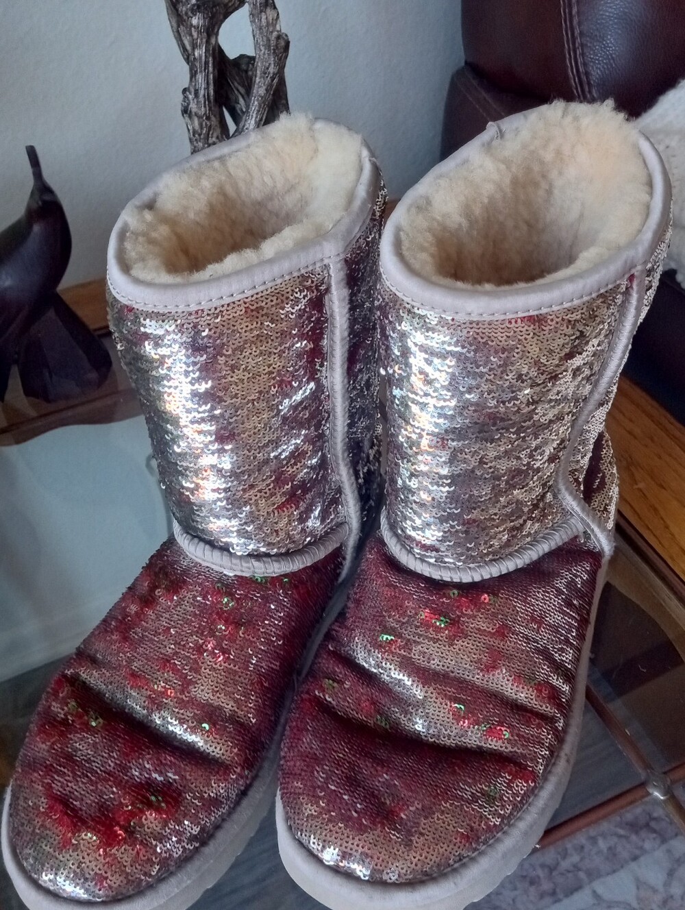 UGG Women's Sequin Winter Boots Silver Red Metallic Size 7